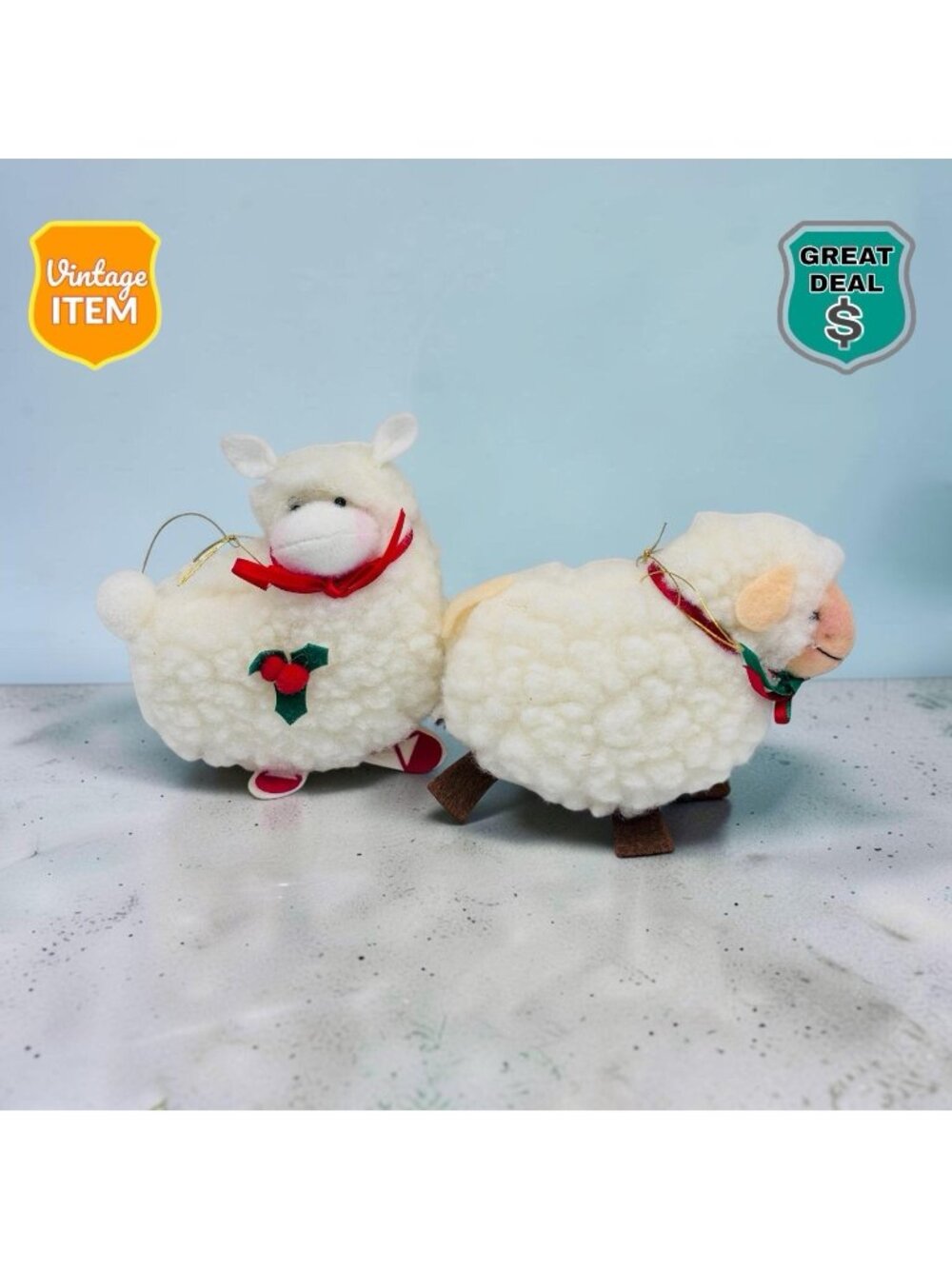 2 Vintage Folk Art Handmade Fluffy White Sheep Lamb Holiday Christmas Ornaments.